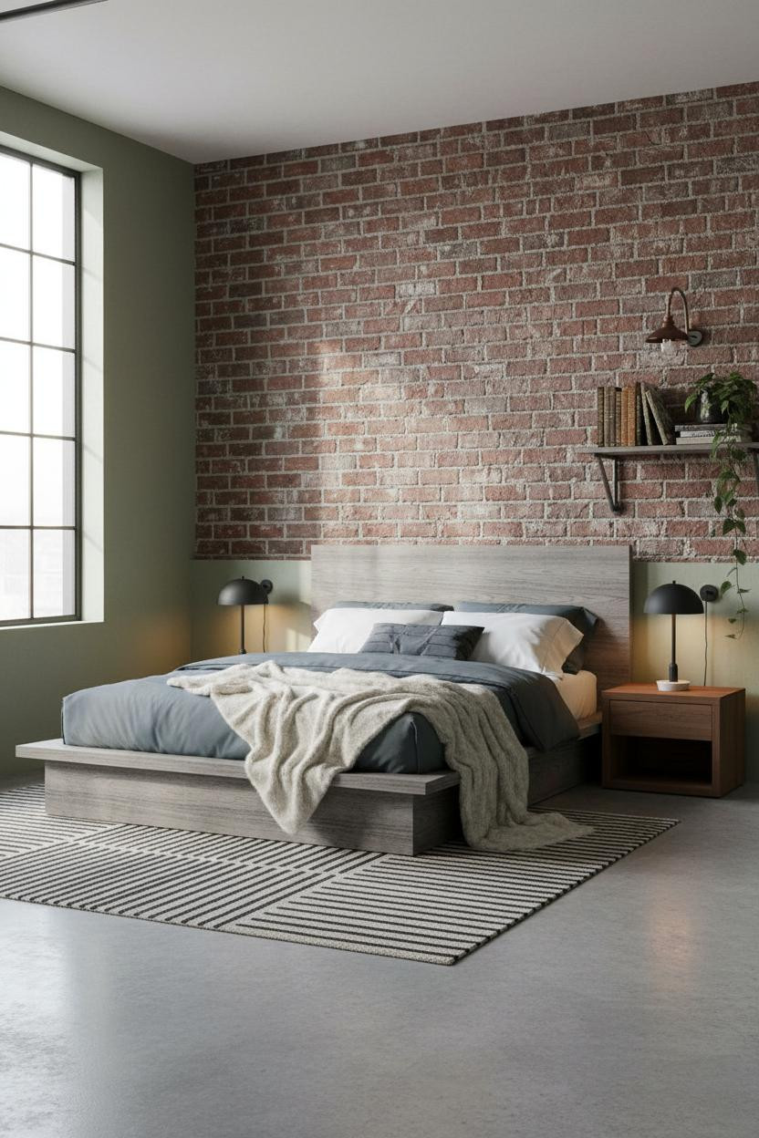 Modern Industrial Bedroom Exposed Brick Concrete