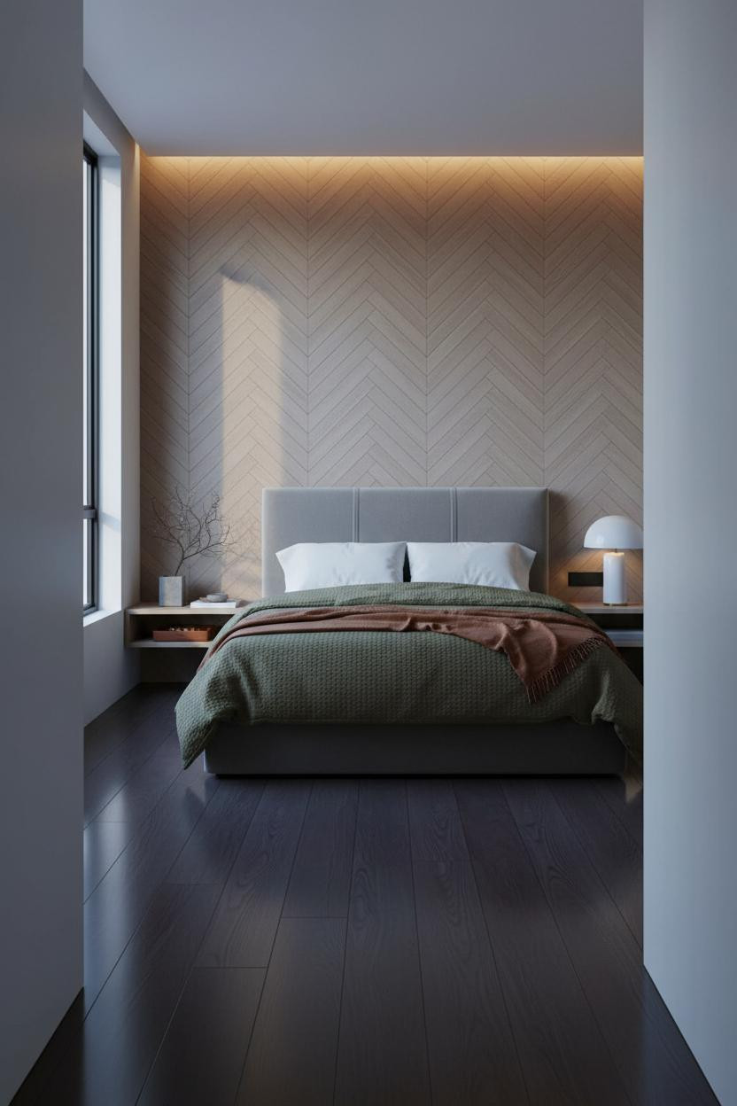 Modern Minimalist Bedroom Herringbone Accent Wall