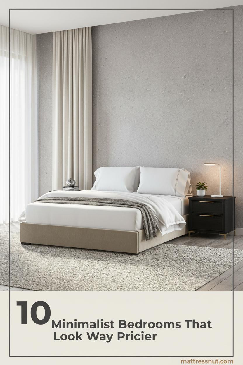Modern minimalist bedroom with dove grey micro-cement wall, bleached oak floors, white linen bedding, stone-grey throw, and slim sculptural lamp on black nightstand