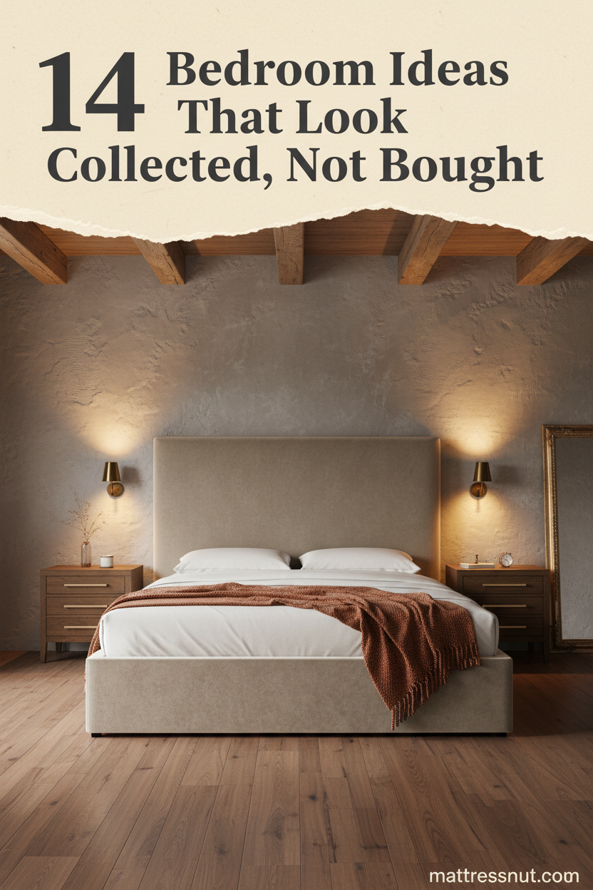 Warm greige limewash plaster walls, exposed timber beams, ivory linen bedding, rust wool throw, brass sconces, and tarnished gilt mirror in a cozy vintage bedroom