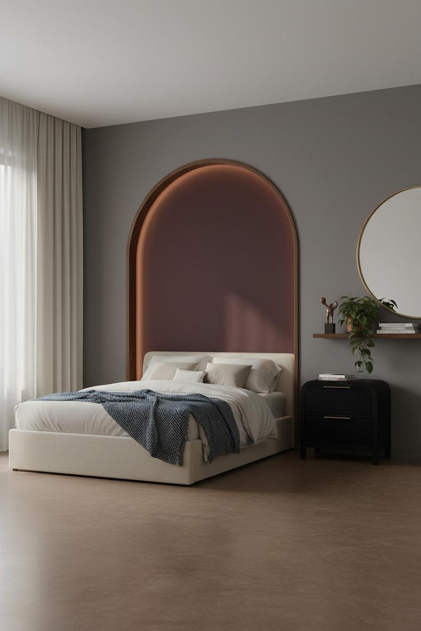 Moody Mid Century Modern Bedroom Burgundy Arch