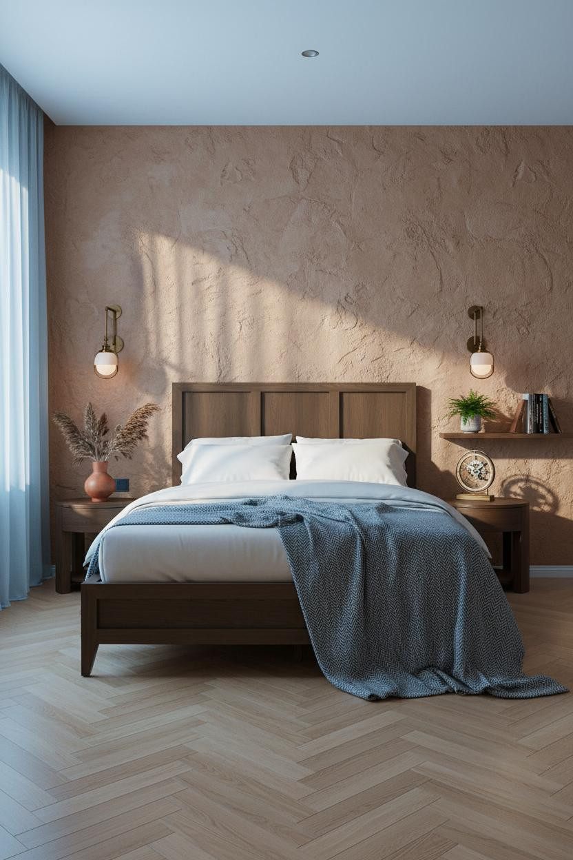 Moody Mid Century Modern Bedroom Clay Plaster Brass