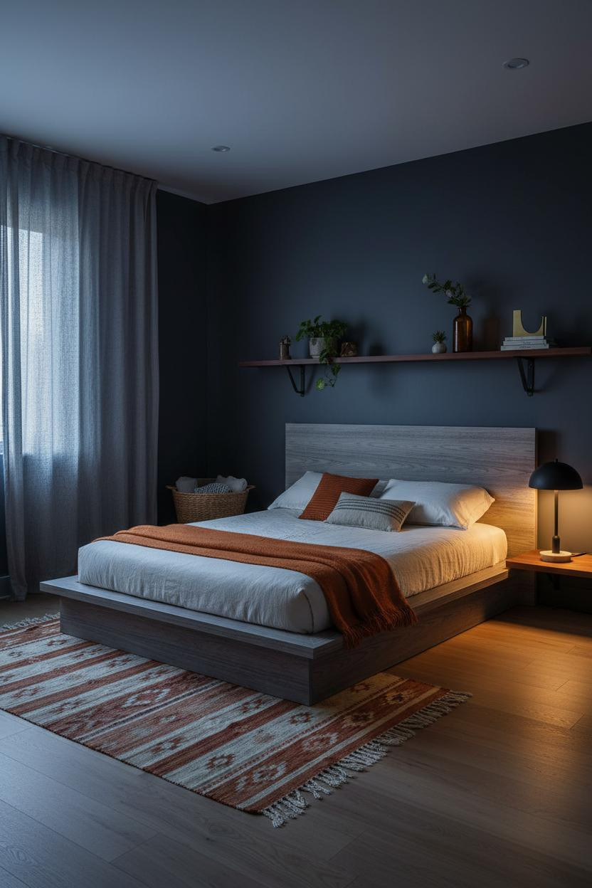 Moody Mid Century Modern Bedroom Indigo Walnut