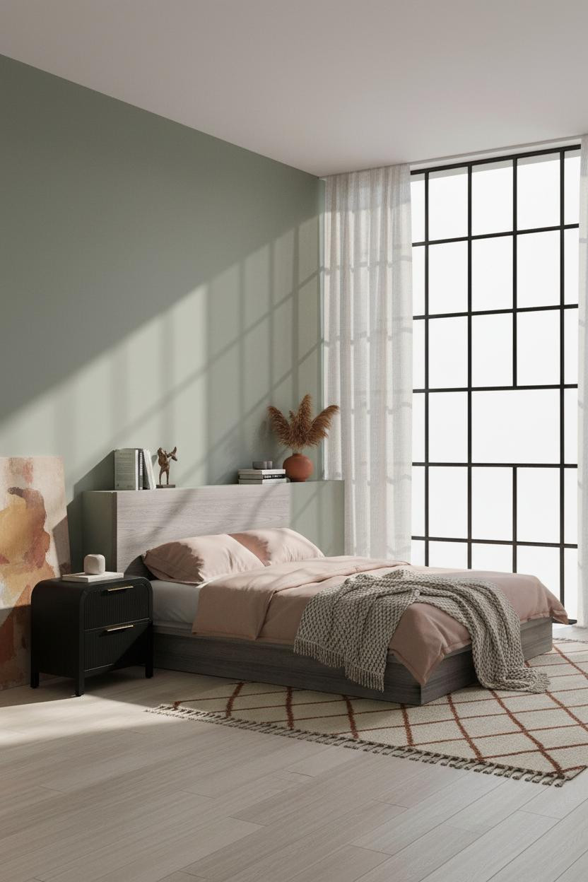 Moody Mid Century Modern Bedroom Sage Green Crittall