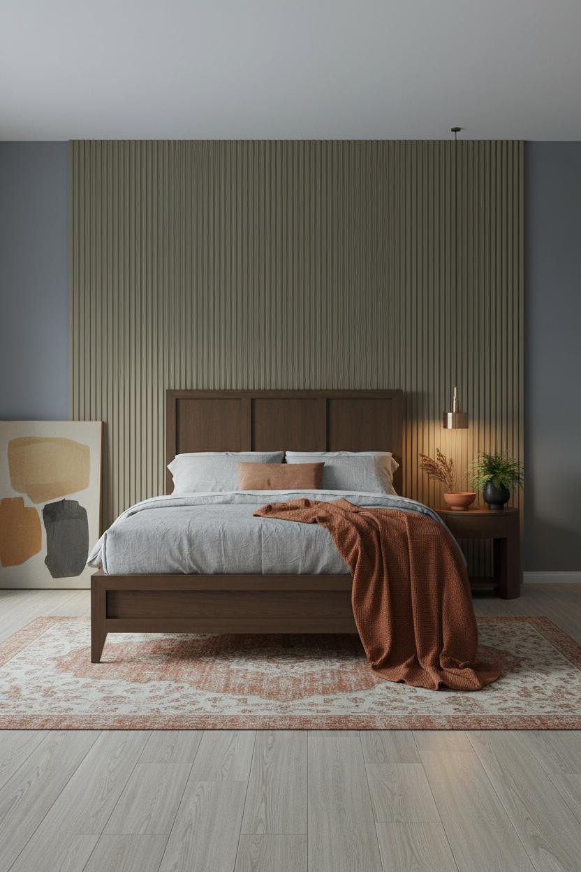 Moody Mid Century Modern Bedroom Slatted Wall