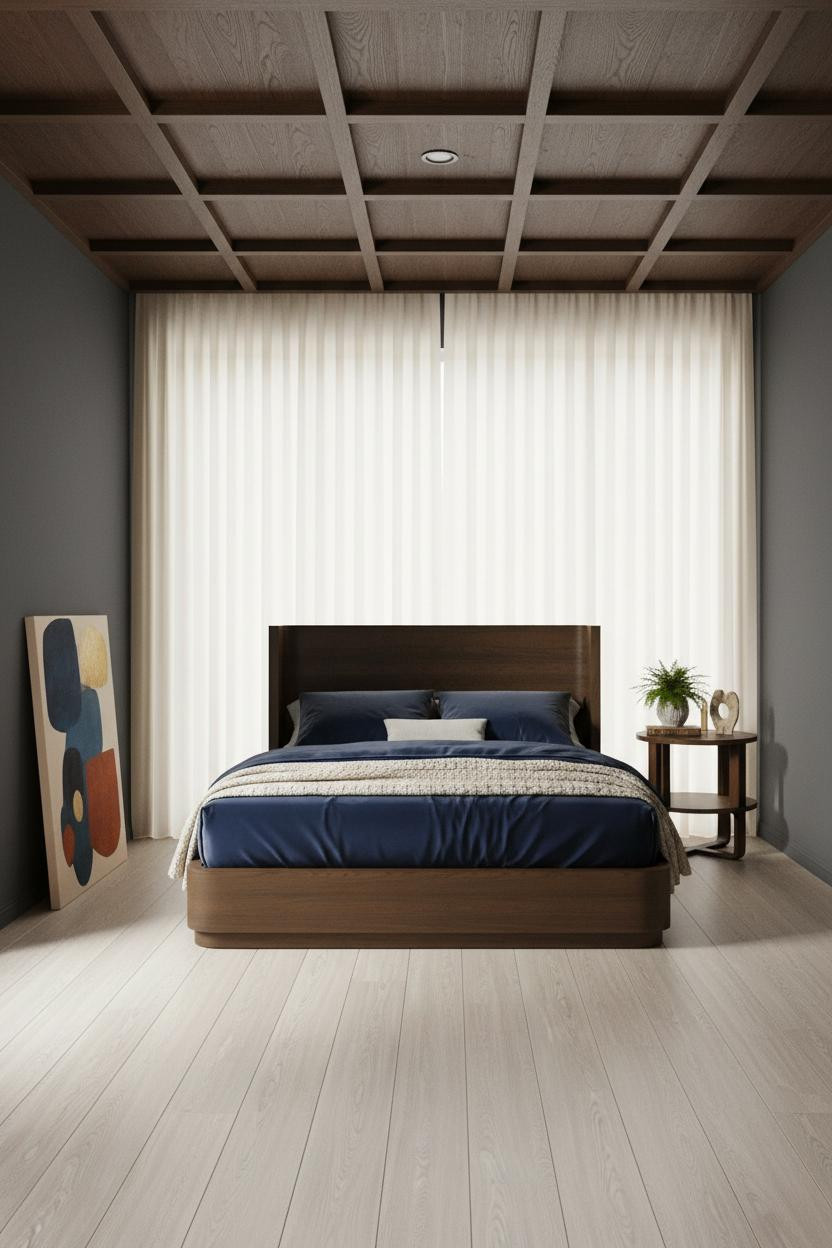 Moody Mid Century Modern Bedroom Walnut Ceiling