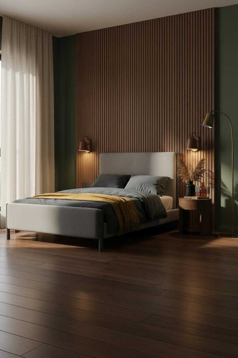 Moody Mid Century Modern Bedroom Dark Wood Paneling