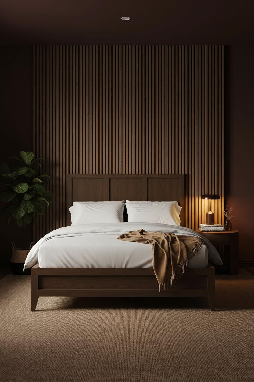 Moody Mid Century Modern Bedroom Walnut Slatted Wall