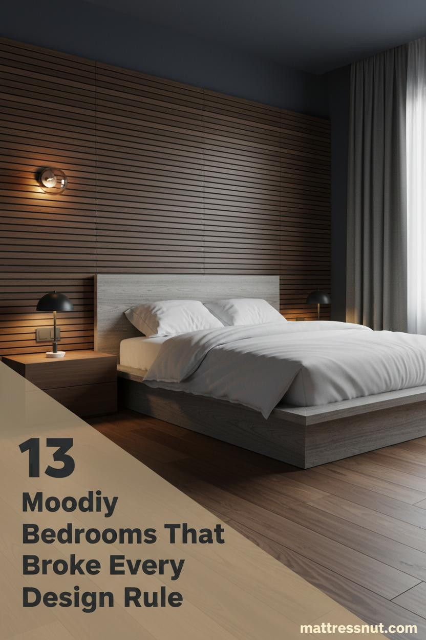 Moody mid-century modern bedroom with dark walnut slatted accent wall, indigo-charcoal walls, amber sconce lighting, and charcoal linen curtains
