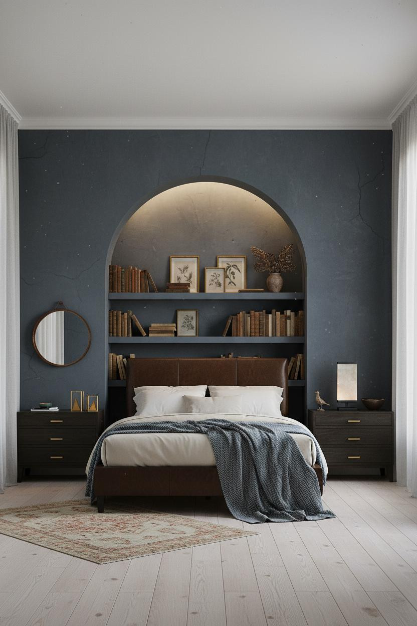 Moody Vintage Bedroom Arched Alcove Shelving