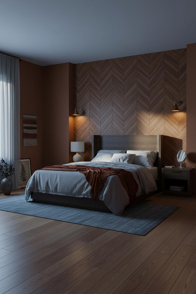Moody Vintage Bedroom Herringbone Wood Sconces