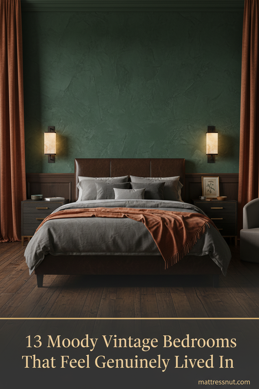 Moody vintage bedroom with forest green plaster wall, rust velvet curtains, charcoal linen bedding, amber sconces, and dark walnut floors