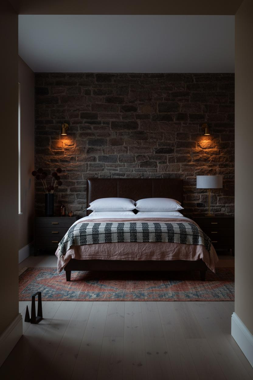 Moody Vintage Bedroom Stone Accent Wall
