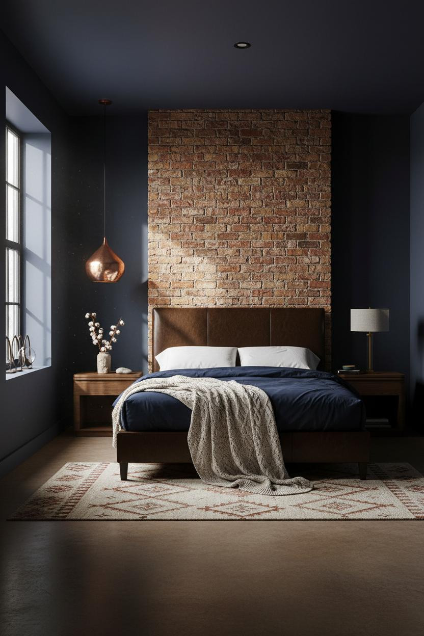 Moody Western Bedroom Gothic Brick Chimney Indigo