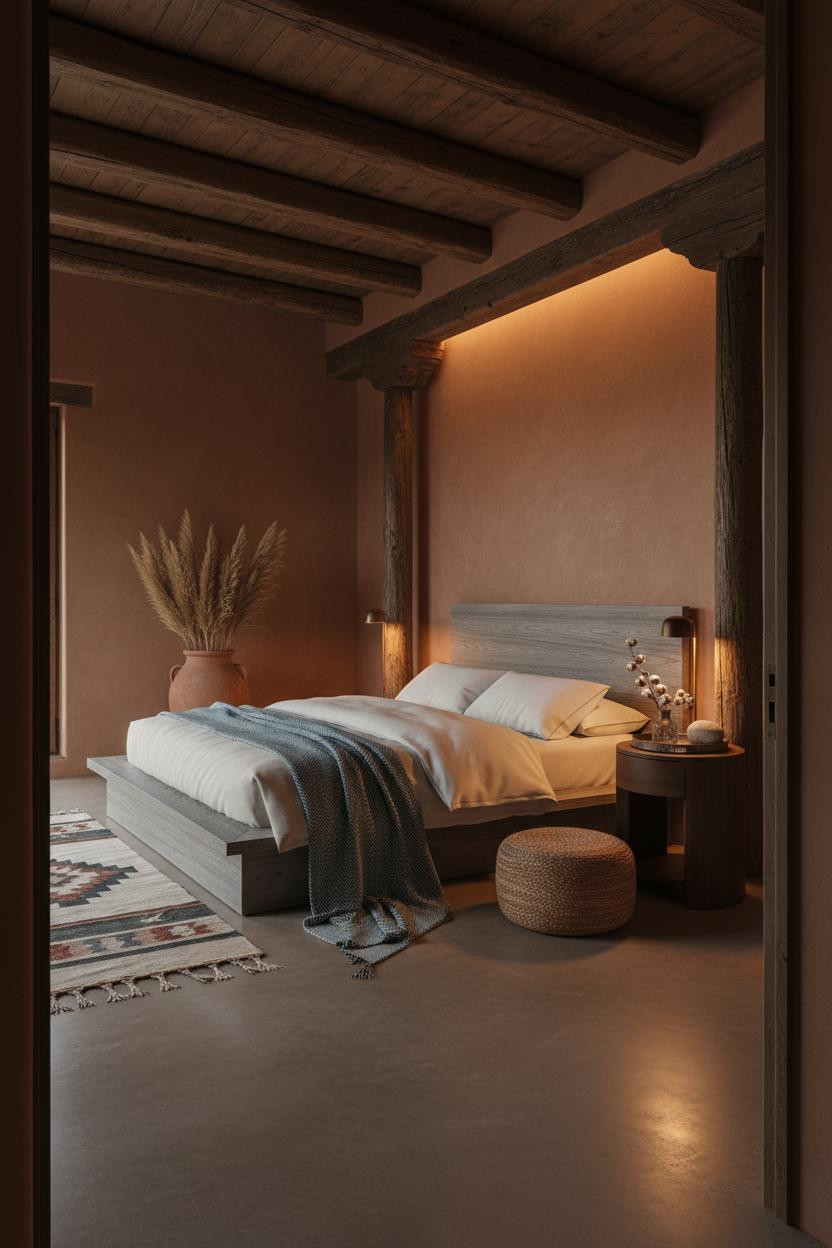 Moody Western Bedroom Exposed Beams Rustic Dark