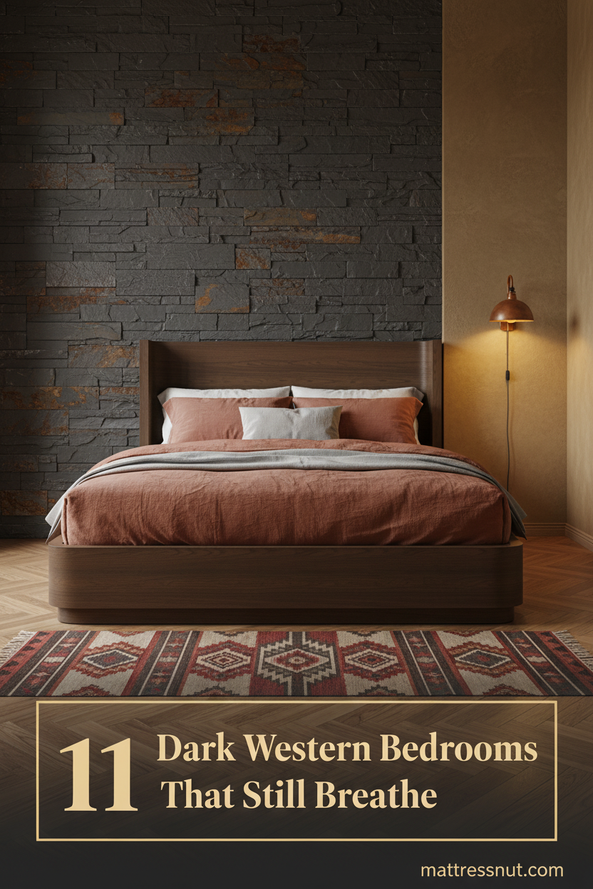 Moody western bedroom with charcoal slate accent wall, dusty rust linen duvet, dark walnut bed frame, amber sconce, and kilim runner on herringbone parquet