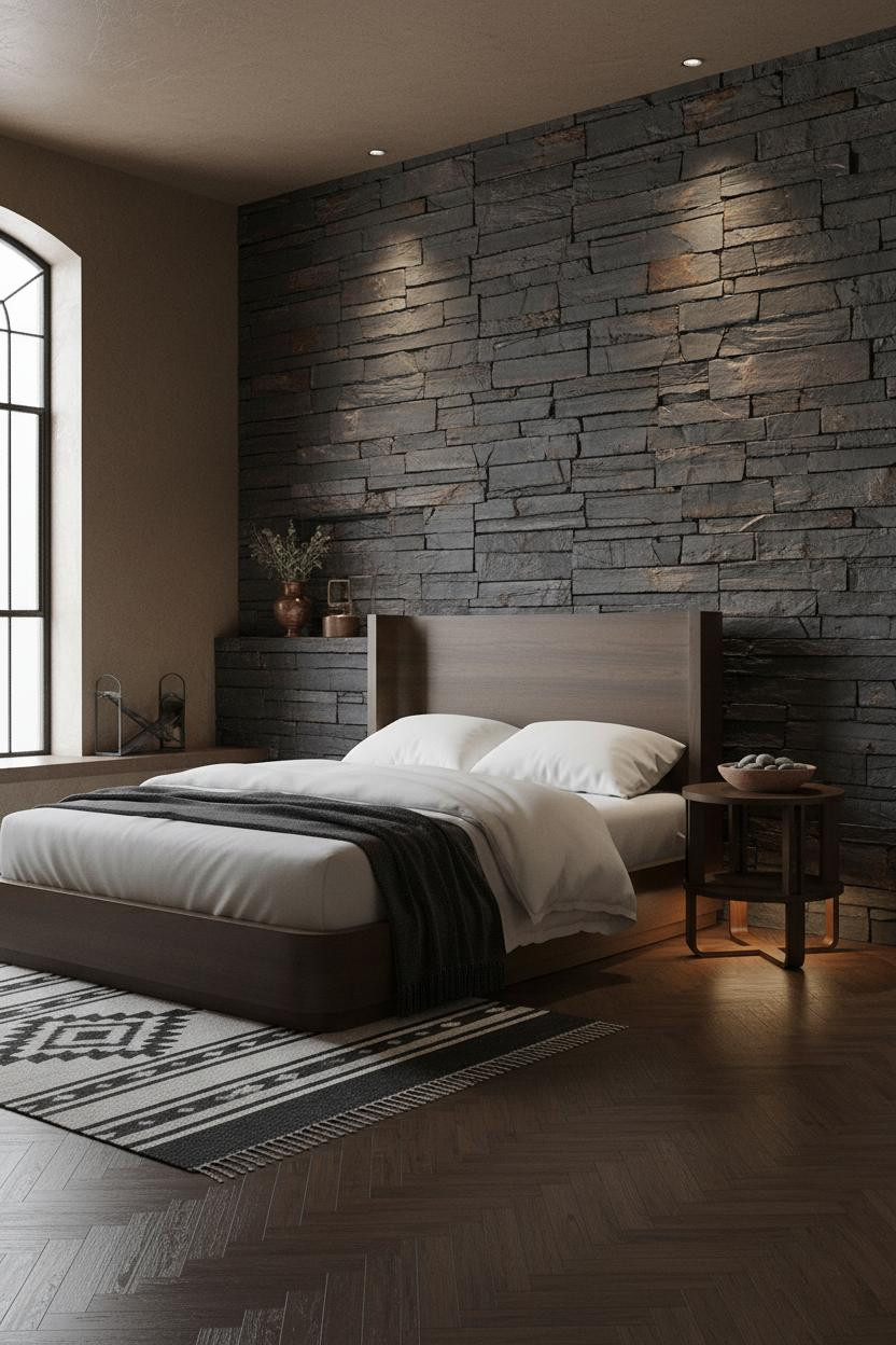 Moody Western Bedroom Dark Slate Wall Rustic