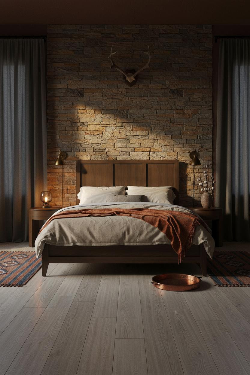 Moody Western Bedroom Dark Stone Accent Wall