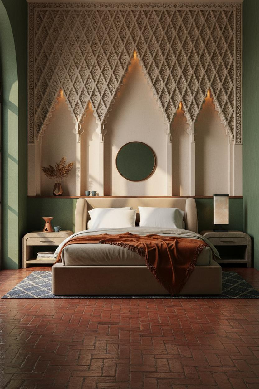 Moroccan Bedroom Carved Plaster Forest Green