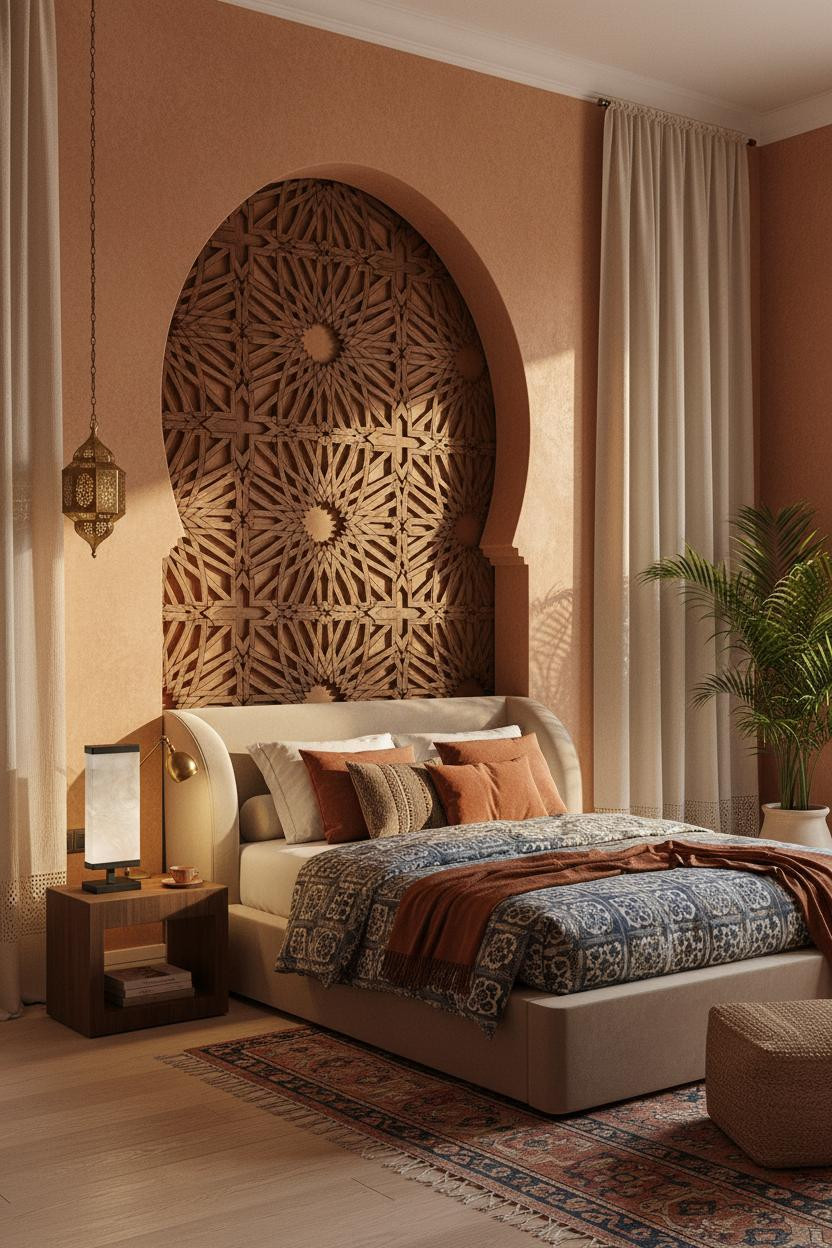 Modern Moroccan Bedroom Carved Wood Screens