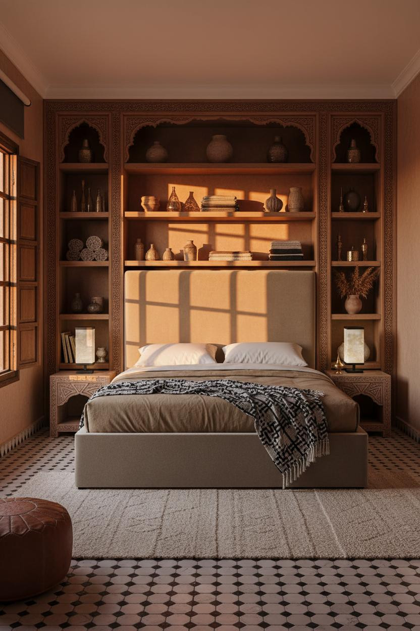 Moroccan Bedroom Cedar Shelves Ambient Lighting