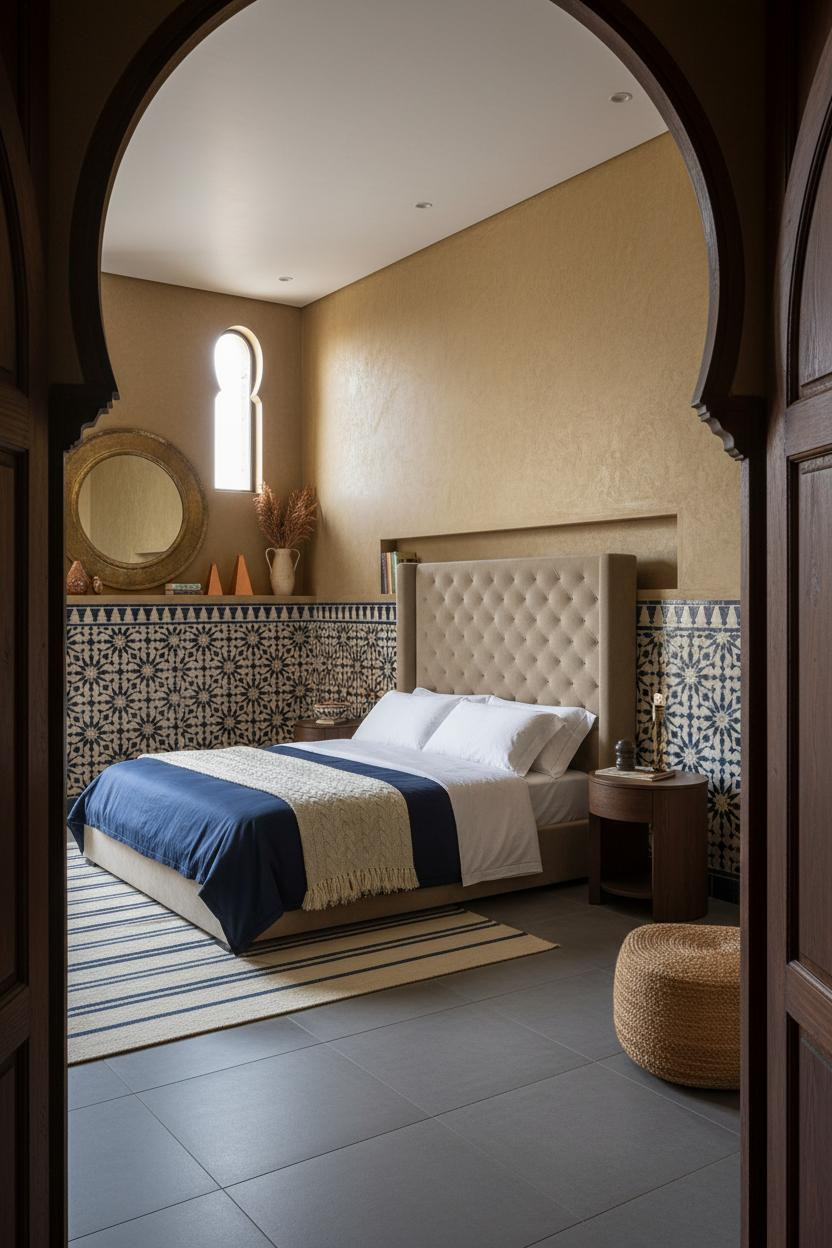Moroccan Bedroom Encaustic Tiles Brass Mirror