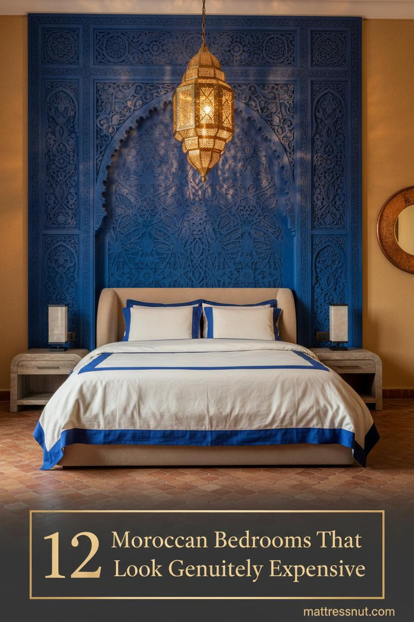 Moroccan bedroom with cobalt carved plasterwork headwall, tadelakt finish, terracotta tile floors, brass lantern, ivory linen bedding, copper mirror