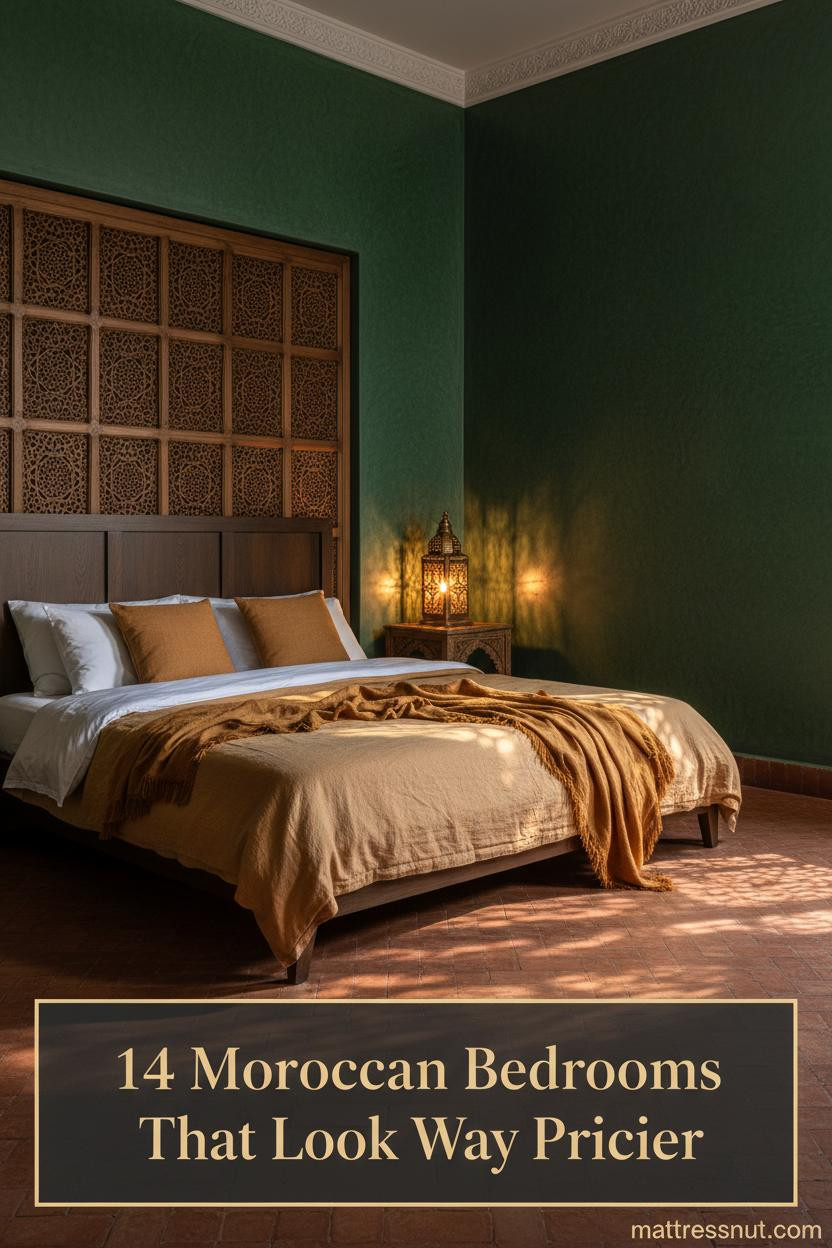 Moroccan bedroom with forest green plaster walls, carved cedar lattice, terracotta zellige floors, brass lantern, and layered camel linen bedding