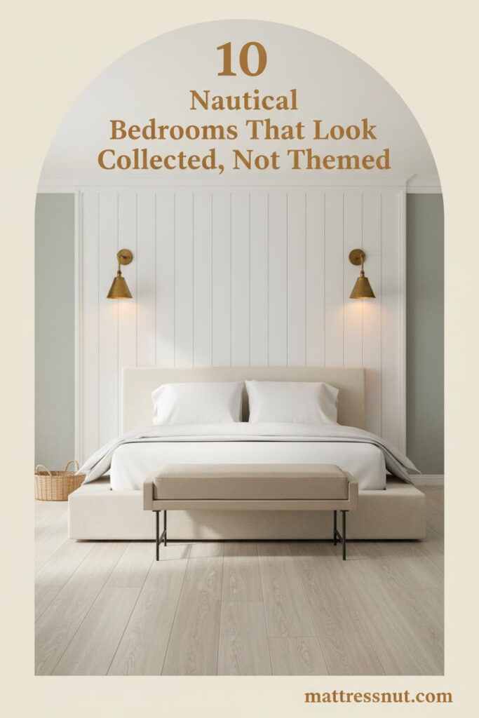 Whitewashed board-and-batten accent wall, bleached oak floors, sage walls, brass sconces, ivory linen bedding, seagrass tray, nautical bedroom decor