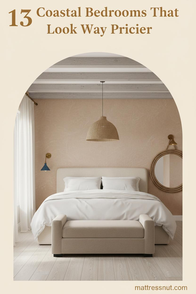 Neutral coastal bedroom with sand plaster walls, driftwood ceiling beams, cream linen bedding, seagrass pendant, and bleached oak floors