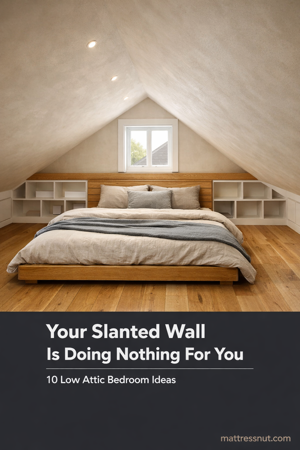 Attic bedroom collage with low platform bed, built-in white shelving under sloped ceiling, oak flooring, and matte plaster walls