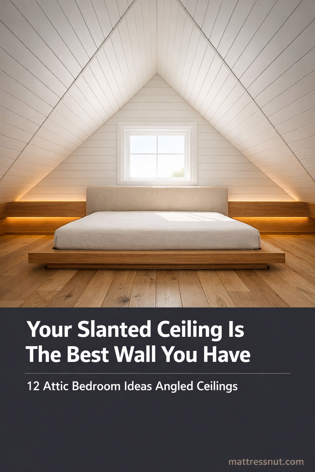 Attic bedroom with slanted ceiling, white tongue-and-groove walls, natural oak flooring, and built-in reading shelf with warm lighting
