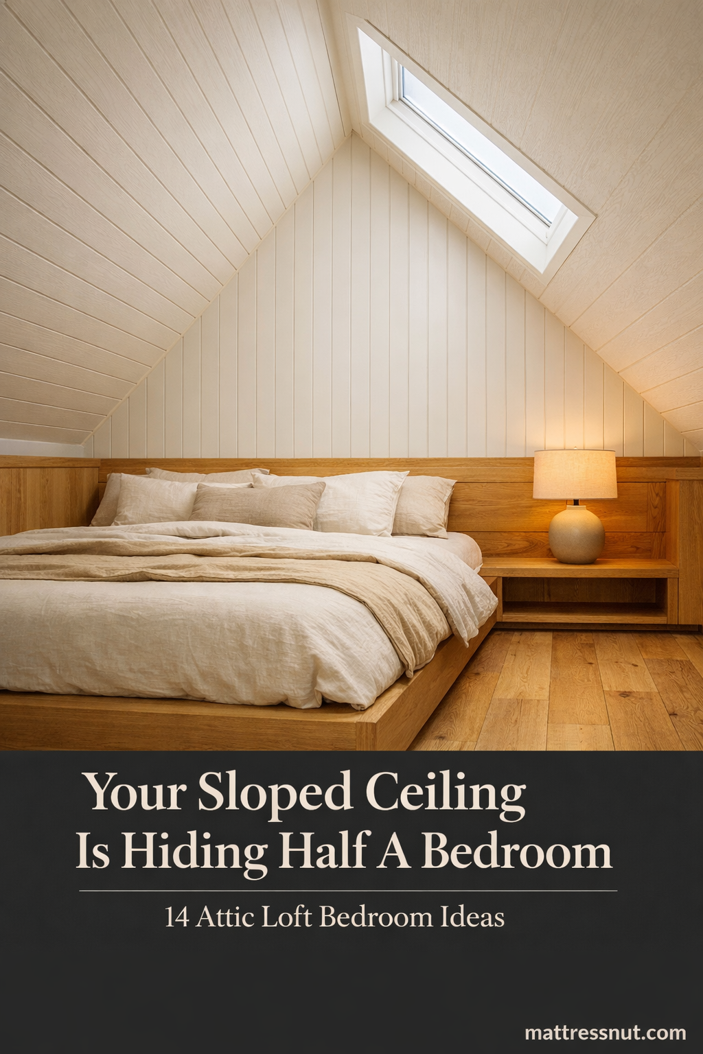 Attic bedroom with sloped ceiling, Velux skylight, vertical shiplap walls, oak platform bed, and built-in cabinetry under eaves