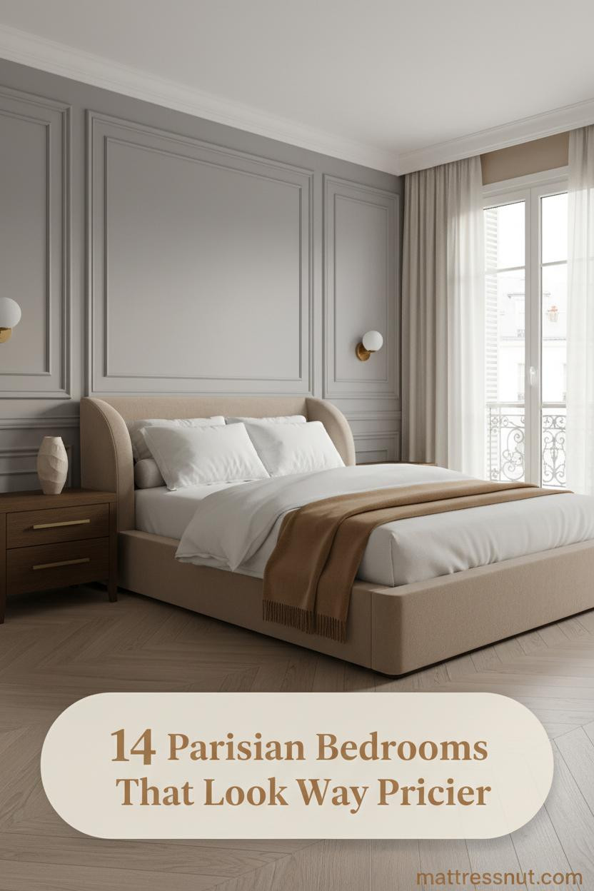 Parisian bedroom with dusty dove grey boiserie panels, bleached herringbone parquet, ivory linen bedding, camel wool throw, and warm paired sconces