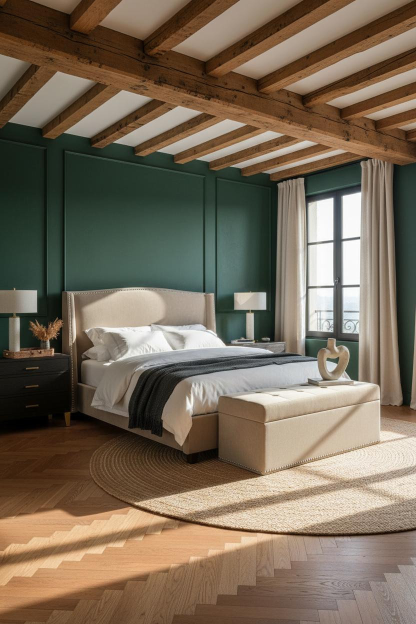 Parisian Bedroom Forest Green Herringbone Morning Light