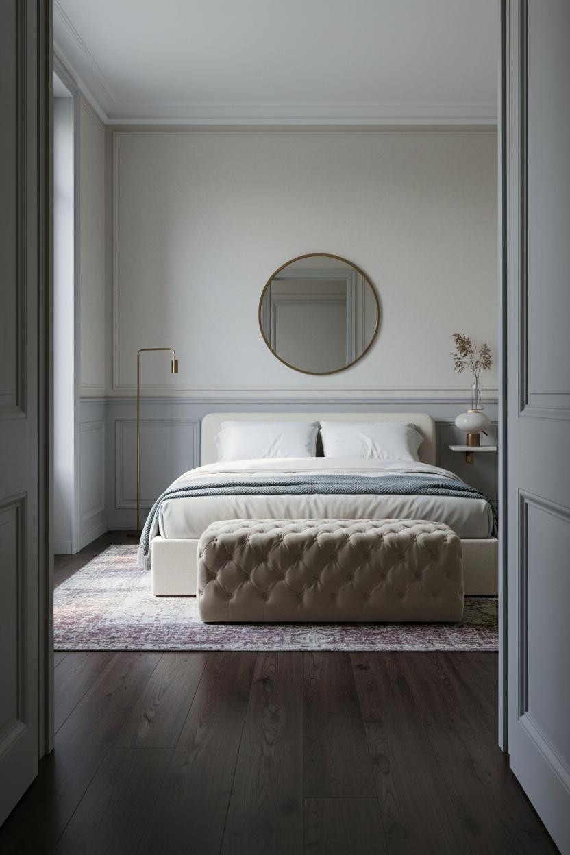 Parisian Bedroom Grey Wainscoting Brass Mirror