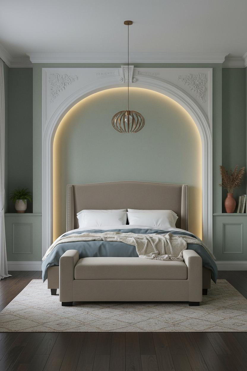 Parisian Bedroom Sage Walls Arched Alcove