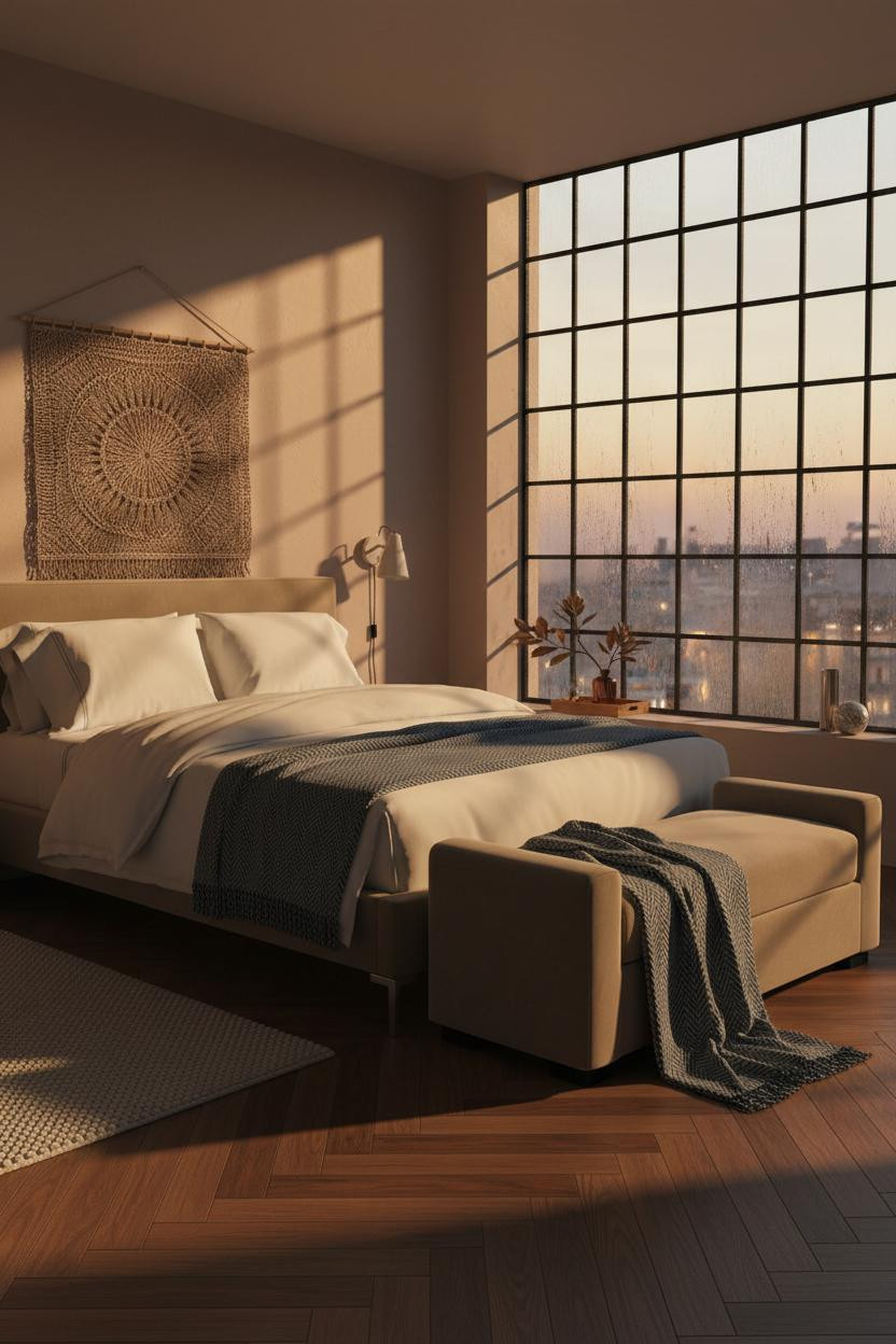 Parisian Chic Bedroom Steel Windows Herringbone