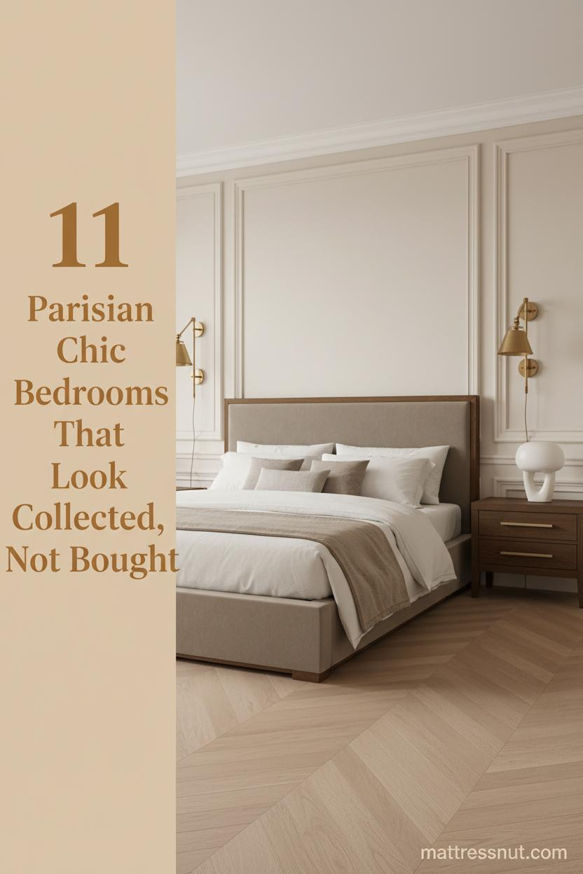 Parisian chic bedroom with cream boiserie paneling, pale oak herringbone parquet, ivory linen bedding, brass sconces, and taupe wool accents