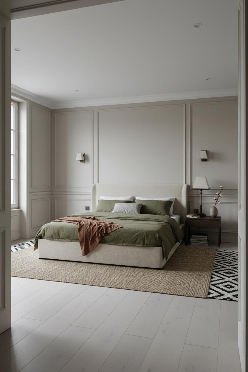 Parisian Modern Bedroom Grey Wainscoting