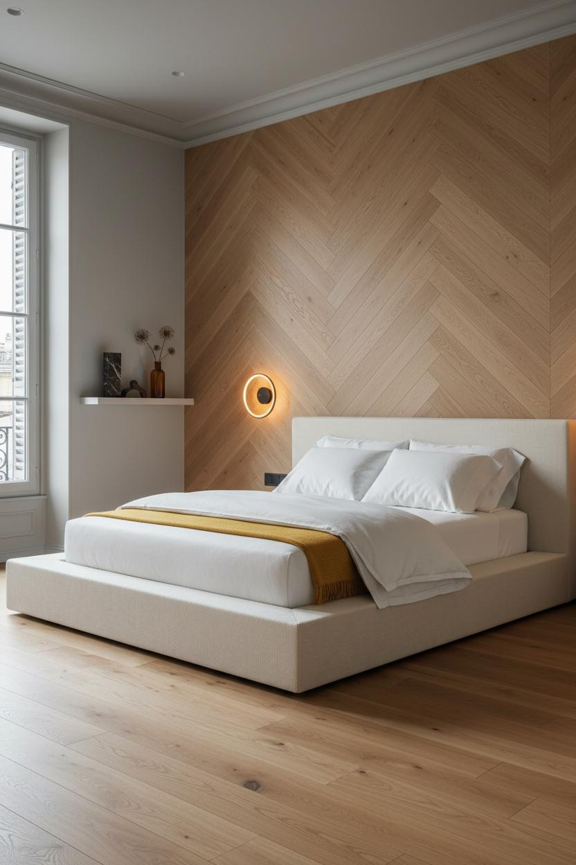 Parisian Modern Bedroom Herringbone Oak Wall