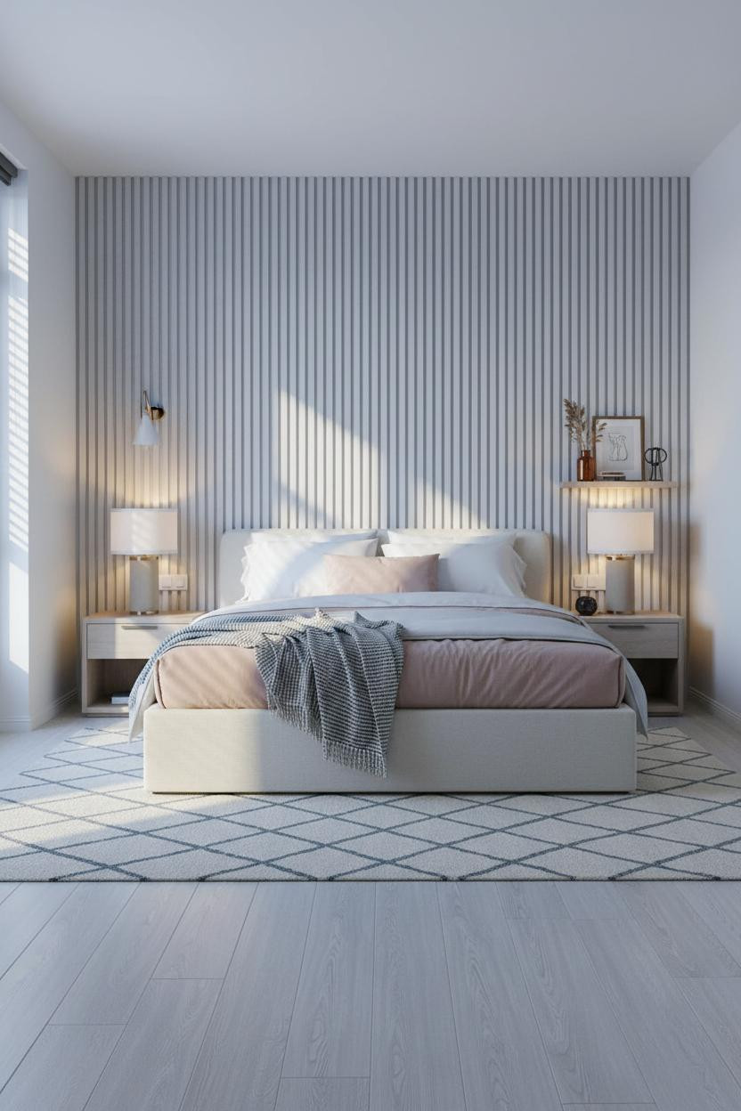 Parisian Modern Bedroom Slatted Wood Wall