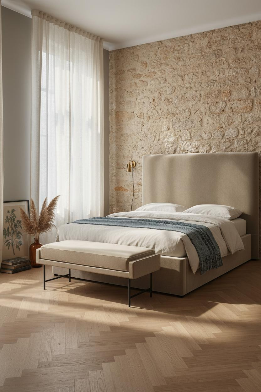 Parisian Style Bedroom Exposed Stone Herringbone