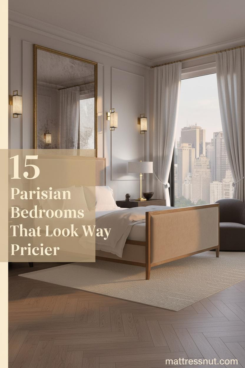 Parisian bedroom with dusty rose boiserie molding, bleached oak herringbone parquet, brass sconces, ivory linen curtains, and aged brass mirror