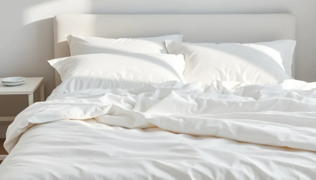 Crisp white percale cotton sheets on hotel-style made bed