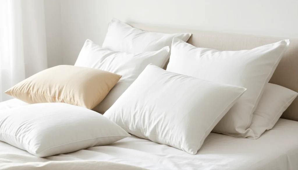 Different pillow stuffing types displayed on made bed — shredded Talalay latex, down, down alternative, memory foam pillows in soft daylight