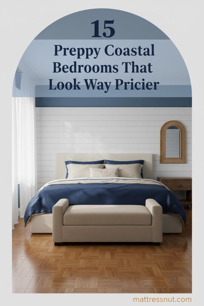 Preppy coastal bedroom with white board-and-batten walls, cobalt blue accents, navy duvet, cream pillows, rattan mirror, and warm parquet floors