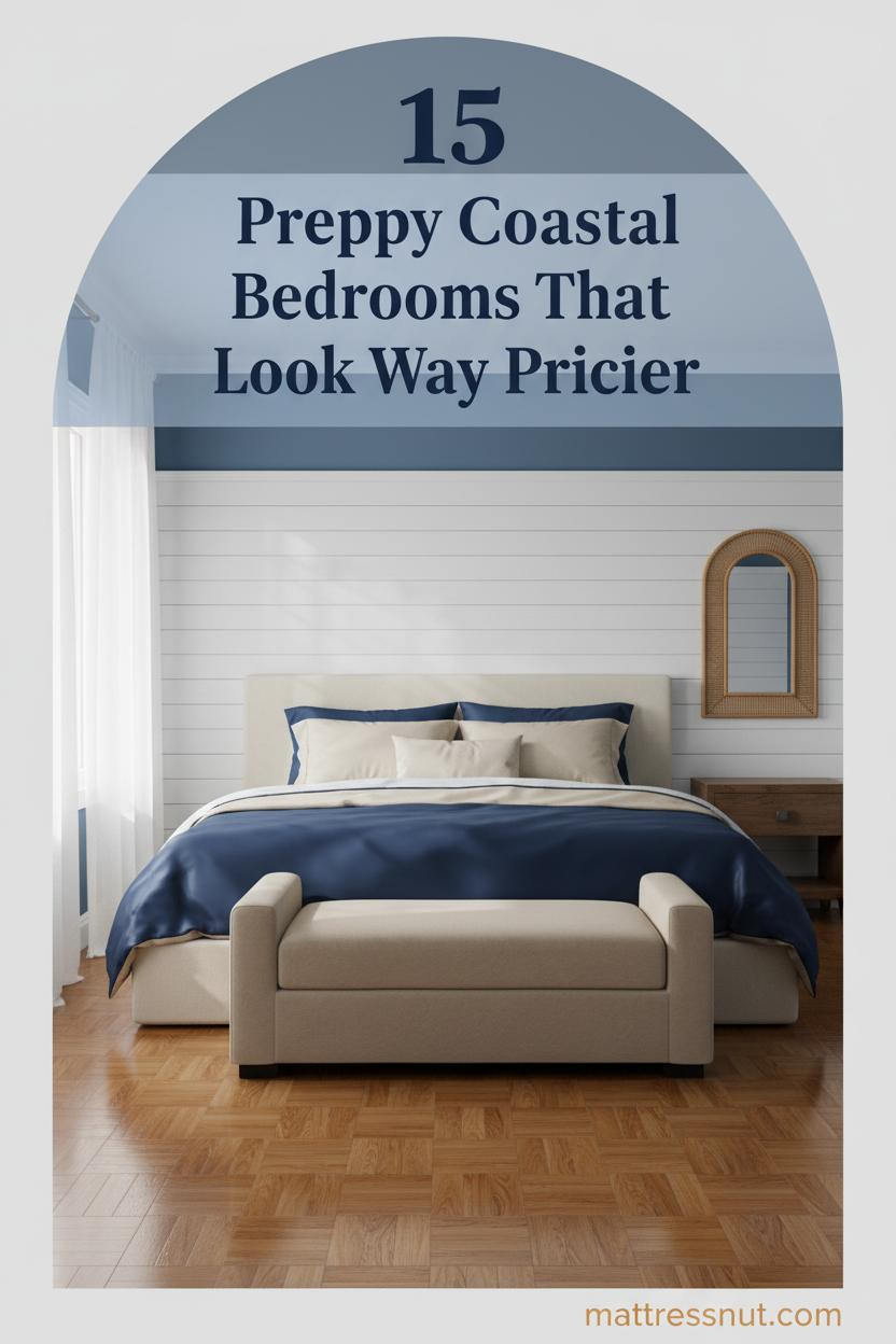 Preppy coastal bedroom with white board-and-batten walls, cobalt blue accents, navy duvet, cream pillows, rattan mirror, and warm parquet floors