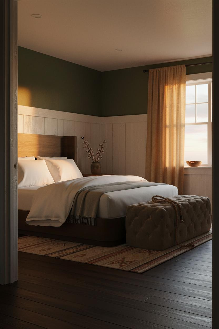 Rustic Bedroom Forest Green Wainscoting Amber Light