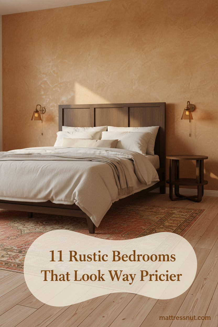 Rustic bedroom with ochre plaster accent wall, wide-plank pine floors, layered ivory linen bedding, amber sconce lighting, and faded Persian rug